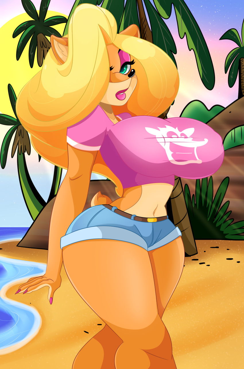 2020 5_fingers absurd_res activision anthro bandicoot beach big_breasts black_nose blonde_hair bottomwear breasts clothing colored_nails crash_bandicoot_(series) eyelashes eyeshadow female fingers hair hair_over_eye hi_res lipstick makeup mammal marsupial midriff nails navel one_eye_obstructed palm_tree palm_trees sand sea seaside shirt shorts sky solo sonson-sensei sun tawna_bandicoot topwear tree video_games water wide_hips