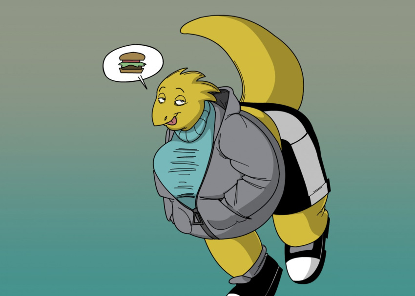 alphys anthro belly big_belly big_breasts bottomwear breasts burger clothed clothing female food footwear half-closed_eyes jacket leaning leaning_forward looking_at_viewer monterrang narrowed_eyes obese obese_female overweight overweight_female reptile scales scalie shoes shorts solo sweater thick_tail thick_thighs tight_clothing tight_sweater tight_topwear tongue tongue_out topwear undertale video_games walking wide_hips yellow_body yellow_scales