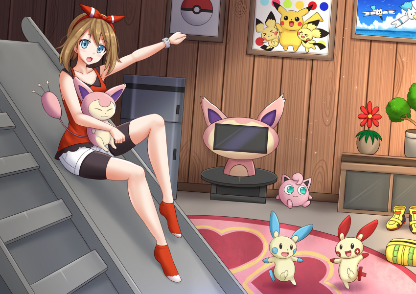 1girl :d ankle_socks bangs bare_arms bare_shoulders bike_shorts bike_shorts_under_shorts black_shorts blue_eyes blush boots boots_removed brown_hair camisole collarbone commission eyebrows_visible_through_hair flower flower_pot gen_1_pokemon gen_2_pokemon gen_3_pokemon hair_between_eyes hair_ribbon haruka_(pokemon) highres indoors jigglypuff kazenokaze looking_at_viewer minun no_shoes open_mouth outstretched_arm pichu pikachu plant plusle poke_ball poke_ball_(generic) pokemon pokemon_(creature) pokemon_(game) pokemon_rse potted_plant red_camisole red_flower red_legwear red_ribbon ribbon short_shorts shorts shorts_under_shorts sidelocks skitty smile socks table television white_shorts wingull yellow_footwear