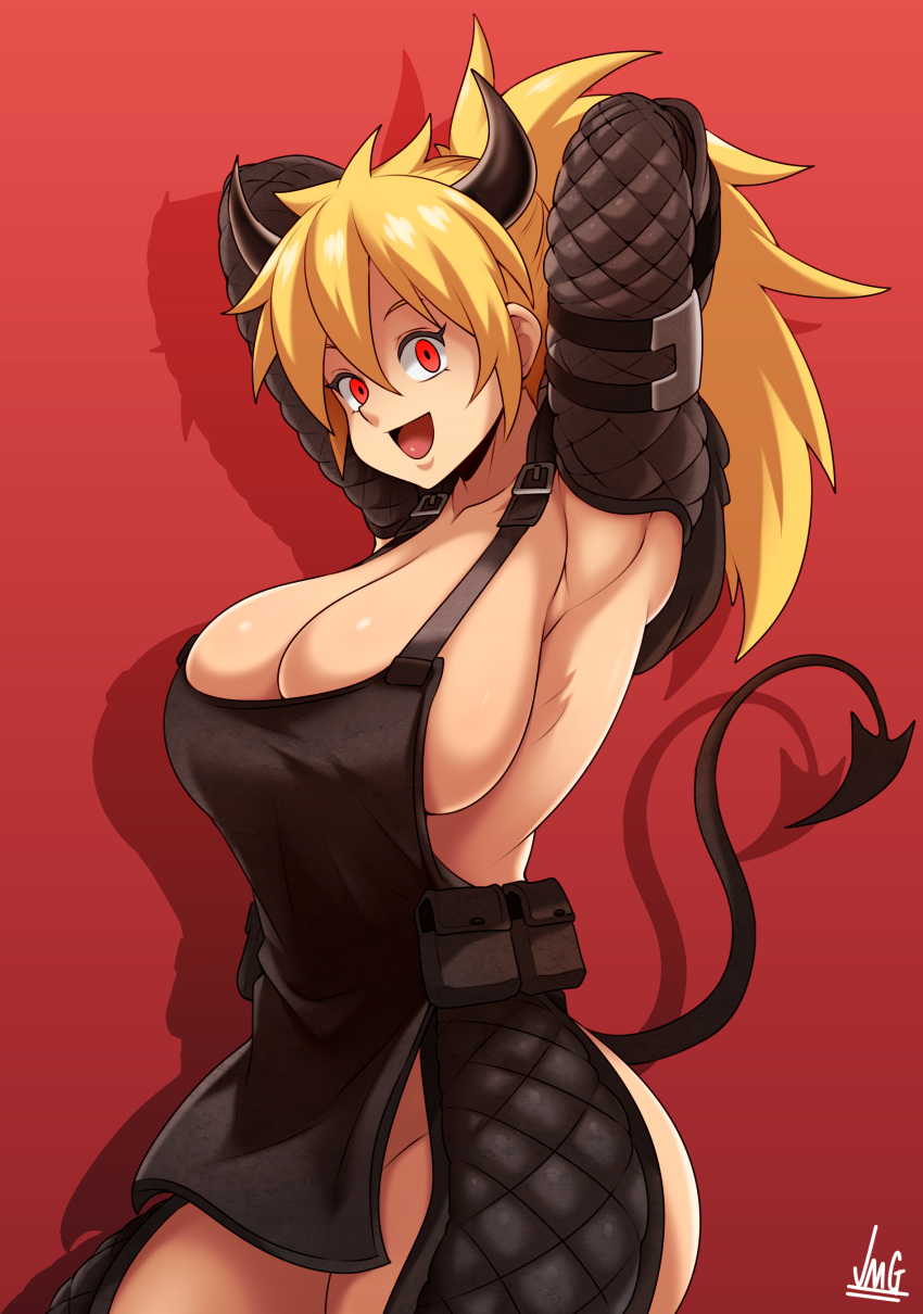 2020 absurd_res big_breasts blonde_hair breasts clothed clothing demon dorohedoro female hair hands_behind_head hi_res horn humanoid jmg long_hair looking_at_viewer nikaido_(dorohedoro) not_furry open_mouth open_smile red_eyes simple_background smile solo spade_tail