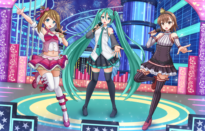 3girls \n/ aerial_fireworks arm_up bangs bare_shoulders black_footwear black_hairband black_legwear black_skirt black_sleeves blue_eyes blush boots bow breasts brown_hair collared_shirt commission crossover crown detached_sleeves eyebrows_visible_through_hair fireworks green_eyes green_hair green_neckwear hair_between_eyes hair_bow hair_ornament hairband haruka_(pokemon) hatsune_miku high_heels highres holding holding_microphone idol index_finger_raised kazenokaze long_hair long_sleeves microphone midriff mini_crown misaka_mikoto multiple_crossover multiple_girls navel necktie outstretched_arm pink_bow pink_footwear pink_skirt pleated_skirt pokemon pokemon_(game) pokemon_rse red_footwear shirt shoes short_sleeves sidelocks skindentation skirt sleeveless sleeveless_shirt small_breasts standing standing_on_one_leg star striped striped_legwear striped_shirt striped_sleeves thigh_boots thighhighs tie_clip to_aru_kagaku_no_railgun to_aru_majutsu_no_index twintails vertical-striped_legwear vertical-striped_shirt vertical_stripes very_long_hair vocaloid white_legwear white_shirt wide_sleeves