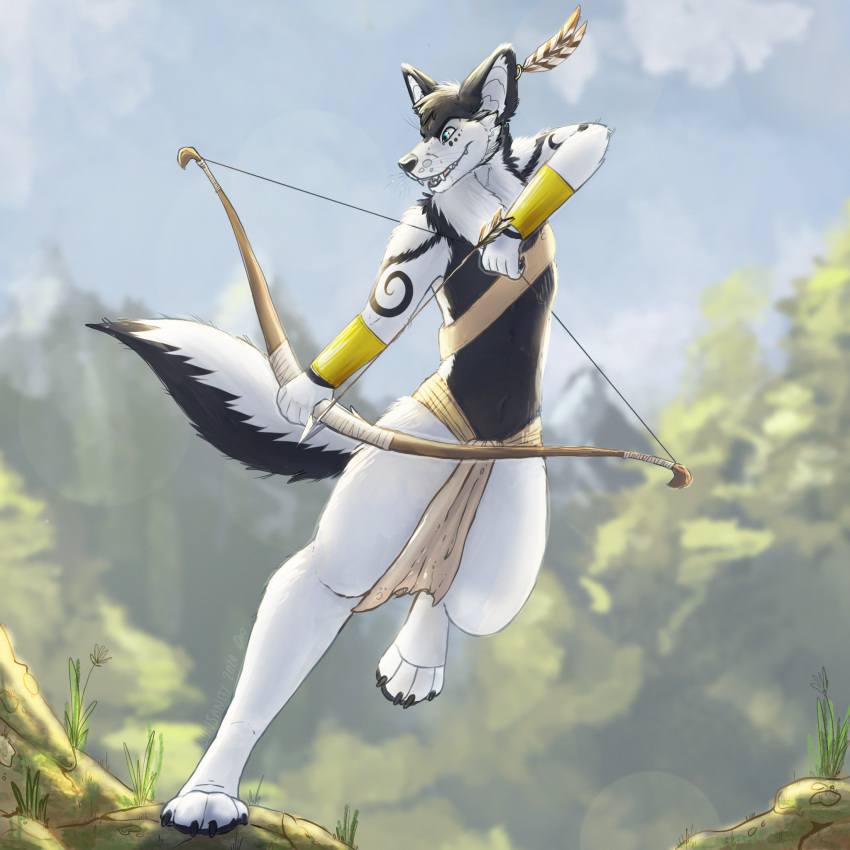 1:1 anthro arctic_wolf blue_eyes bow_(weapon) bunsanity_(artist) canid canine canis cheero claws clothing ear_piercing feathers forest hi_res hunter loincloth male mammal mountain piercing ranged_weapon solo tree weapon wolf