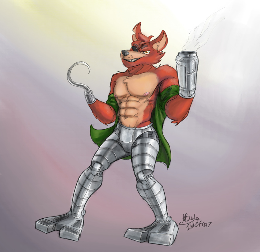 abs anthro arm_cannon black_nose canid canine clothed clothing cybernetics eye_patch eyewear five_nights_at_freddy's fox foxy_(fnaf) freddy_in_space_2 fur green_clothing green_topwear hi_res hook_hand inkart_flow machine male mammal muscular muscular_male nipples partially_clothed pink_nipples prosthetic prosthetic_leg prosthetic_limb red_body red_fur simple_background smile smirk smoke solo topwear video_games yellow_eyes