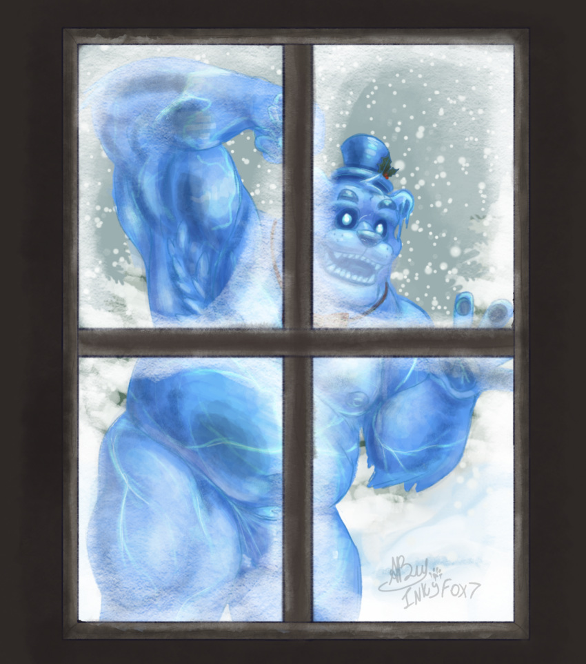 against_window alternate_version_at_source anthro blue_body bow_tie bulge clothing elemental_creature five_nights_at_freddy's freddy_frostbear hat headgear headwear hi_res holly_(plant) ice ice_creature inkart_flow looking_at_viewer looking_through_window male mammal mineral_fauna musclegut nipples no_pupils open_mouth pawpads plant snow solo teeth top_hat ursid video_games window_view