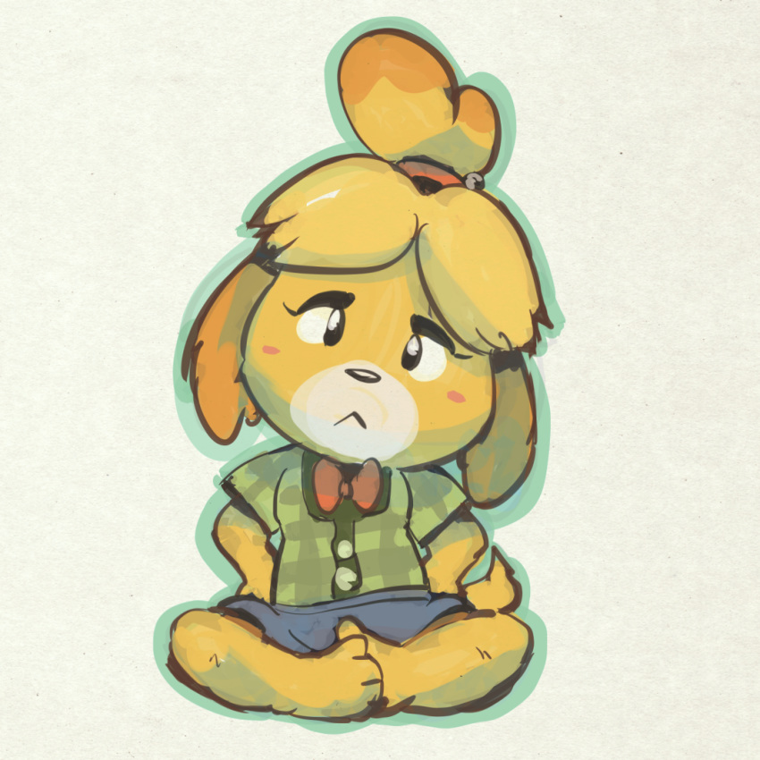 1:1 2020 accessory animal_crossing anthro blonde_hair blush canid canine clothing edtropolis female floppy_ears hair hair_accessory isabelle_(animal_crossing) mammal nintendo simple_background sitting solo video_games