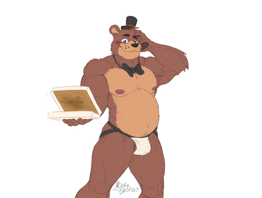 anthro blue_eyes bow_tie brown_body brown_fur brown_pawpads clothed clothing five_nights_at_freddy's five_nights_at_freddy's_2 fur hat headgear headwear hi_res holding_object inkart_flow jockstrap male mammal musclegut nipples pawpads pizza_box simple_background solo top_hat topless toy_freddy_(fnaf) underwear ursid video_games white_background
