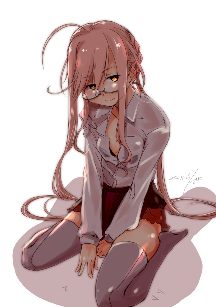 1girl ahoge braid brown_skirt commentary_request crown_braid dated dress_shirt full_body fyuo glasses grey_legwear highres kantai_collection long_hair long_sleeves looking_at_viewer makigumo_(kantai_collection) pink_hair pleated_skirt remodel_(kantai_collection) shirt simple_background sitting skirt solo thighhighs twintails wariza white_background white_shirt