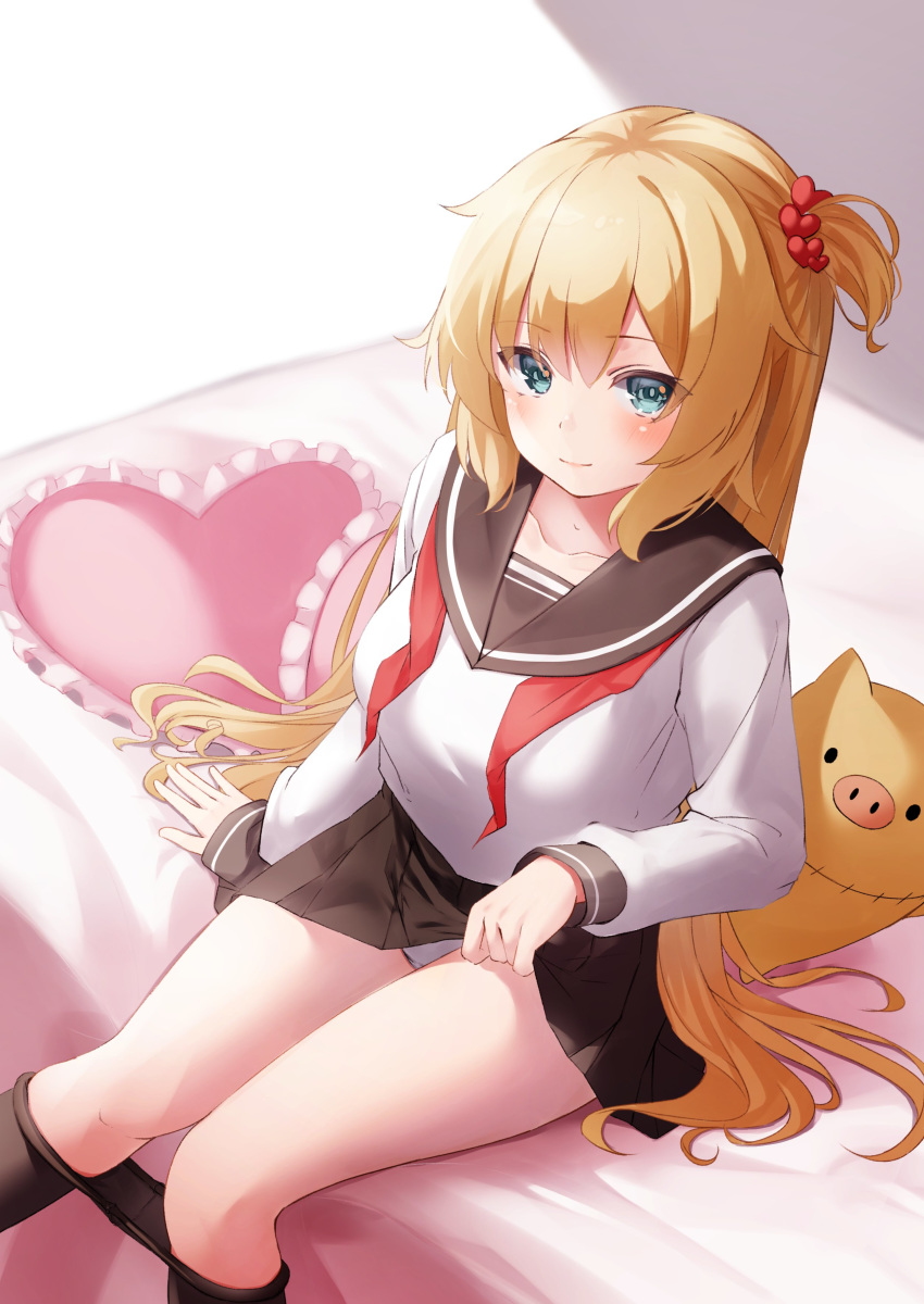 1girl absurdres akai_haato bangs black_legwear blonde_hair blue_eyes blush closed_mouth collarbone commentary from_above haaton_(haato_channel) hair_ornament hair_scrunchie heart heart_pillow highres hololive lifted_by_self looking_at_viewer neckerchief nyan_(reinyan_007) on_bed one_side_up panties pantyhose pantyhose_pull pantyshot pantyshot_(sitting) pillow red_neckwear sailor_collar scrunchie sidelocks sitting skirt skirt_lift smile solo underwear untied virtual_youtuber white_panties