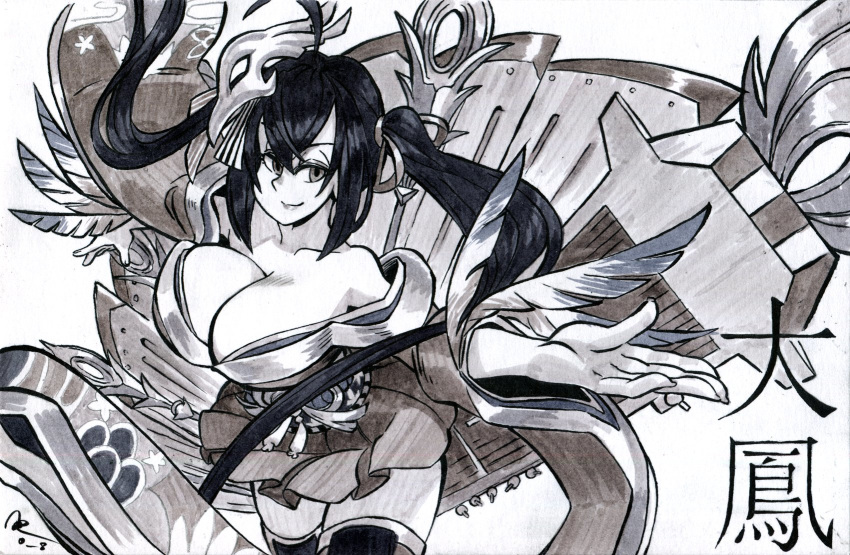 1girl ahoge alex_ahad azur_lane breasts commentary commission english_commentary feather-trimmed_sleeves greyscale highres huge_ahoge huge_breasts long_hair looking_at_viewer marker_(medium) mecha_musume monochrome off-shoulder_kimono smile solo taihou_(azur_lane) thighhighs traditional_media twintails wide_sleeves zettai_ryouiki