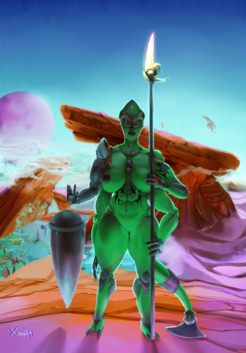 aircraft alien alien_humanoid black_nipples detailed_background female green_body green_skin hairless hi_res humanoid jewelry landscape lips melee_weapon multi_arm multi_eye multi_limb muscular necklace nipples polearm solo spear tail_blade tattoo thick_lips warrior weapon ximema