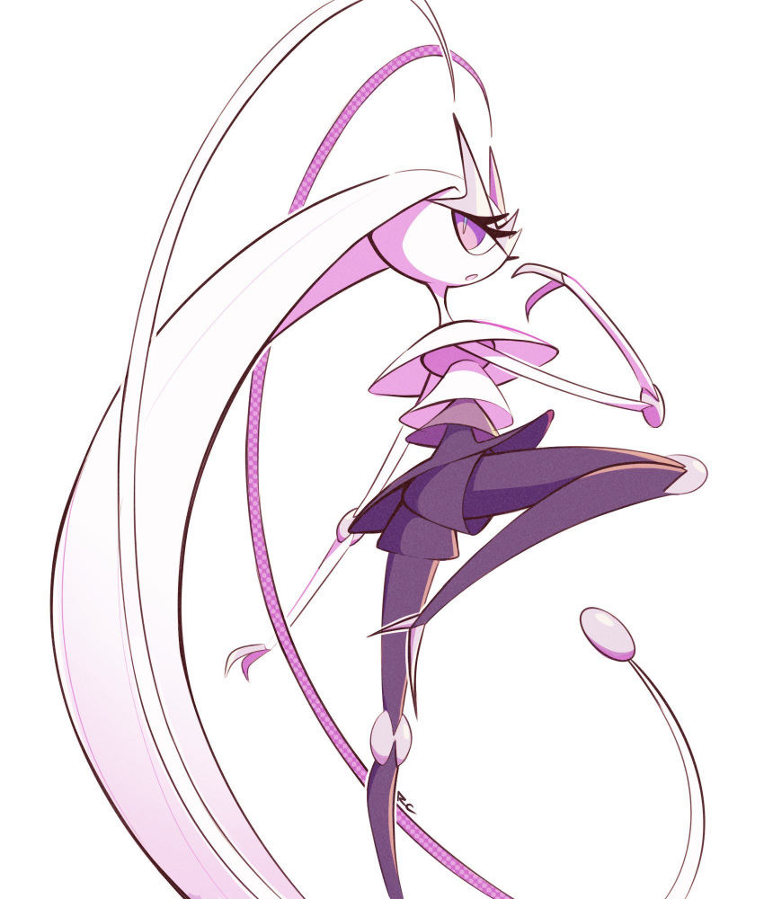 artsy-rc from_side gen_7_pokemon highres looking_at_viewer looking_to_the_side no_humans parted_lips pheromosa pokemon pokemon_(creature) signature simple_background solo standing standing_on_one_leg ultra_beast white_background