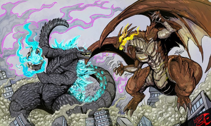 battle city claws creature crossover destruction dragon dragon_ball dragon_horns dragon_tail dragon_wings dust dust_cloud energy_ball fairy_tail fighting fire flying gabe-tke giant_monster glowing glowing_eyes glowing_mouth godzilla godzilla_(series) highres horns igneel incoming_attack kaijuu kamehameha large_wings monster no_humans open_mouth powering_up scales sharp_teeth smoke tail teeth western_dragon wings