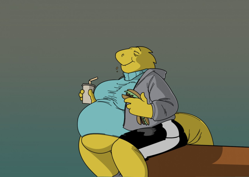 alphys anthro belly belly_overhang belly_squish beverage big_belly big_breasts bottomwear breasts burger clothed clothing eating eyes_closed female food footwear holding_cup holding_object jacket monterrang obese obese_female overweight overweight_female reptile scales scalie shoes shorts sitting smile solo squish sweater thick_tail thick_thighs tight_clothing tight_sweater tight_topwear topwear undertale video_games yellow_body yellow_scales