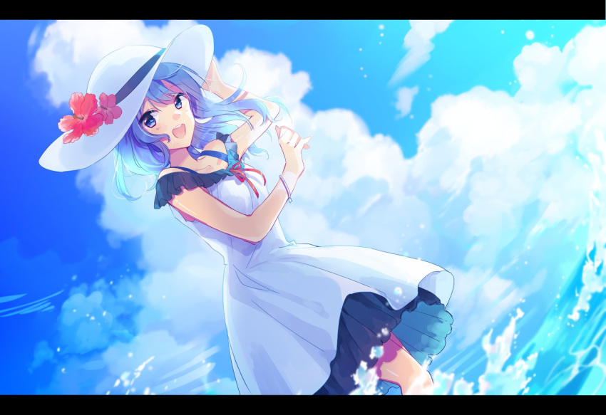 1girl alternate_costume arm_up awai_hinata blue_eyes blue_hair blue_sky bracelet breasts cloud cloudy_sky cowboy_shot day dress dutch_angle flower hand_on_headwear hat hat_flower hat_ribbon hibiscus hololive hoshimachi_suisei jewelry letterboxed looking_at_viewer medium_breasts medium_hair neck_ribbon ocean open_mouth outdoors red_neckwear red_ribbon ribbon sky sleeveless sleeveless_dress smile solo suisei_channel sun_hat virtual_youtuber wading white_dress white_headwear