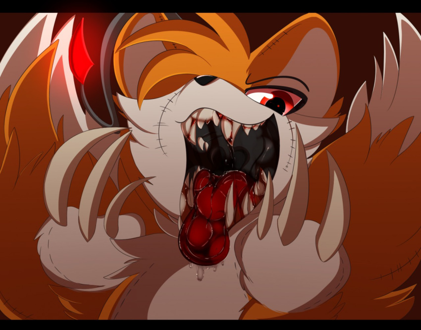 2018 2_tails 3_fingers ambiguous_gender anthro black_bars blonde_hair blood bodily_fluids bust_portrait canid canine chest_tuft claws doll drooling fangs fingers fox fur glowing hair looking_at_viewer mammal mouth_shot multi_tail open_mouth open_smile portrait presenting presenting_mouth red_background red_eyes red_tongue saliva seam_(sewing) sharp_claws sharp_teeth simple_background smile solo sonic_the_hedgehog_(series) tails_doll teeth tinymunch tongue tongue_out tuft uvula white_body white_fur white_inner_ear white_tail yellow_body yellow_ears yellow_fur yellow_tail