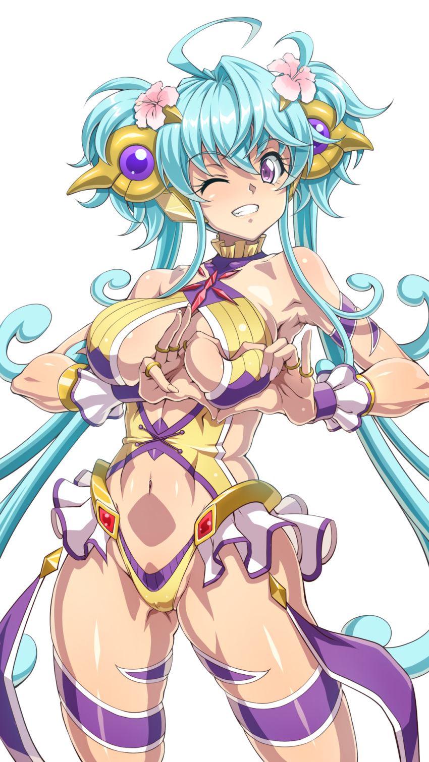 1girl ahoge blue_hair breasts cagliostro_(symphogear) cameltoe cleavage heart heart-shaped_boob_challenge heart_hands highres large_breasts long_hair looking_at_viewer navel navel_cutout one-piece_swimsuit one_eye_closed purple_eyes senki_zesshou_symphogear shiny shiny_hair shiny_skin shunzou simple_background smile solo standing swimsuit teeth thighlet very_long_hair white_background