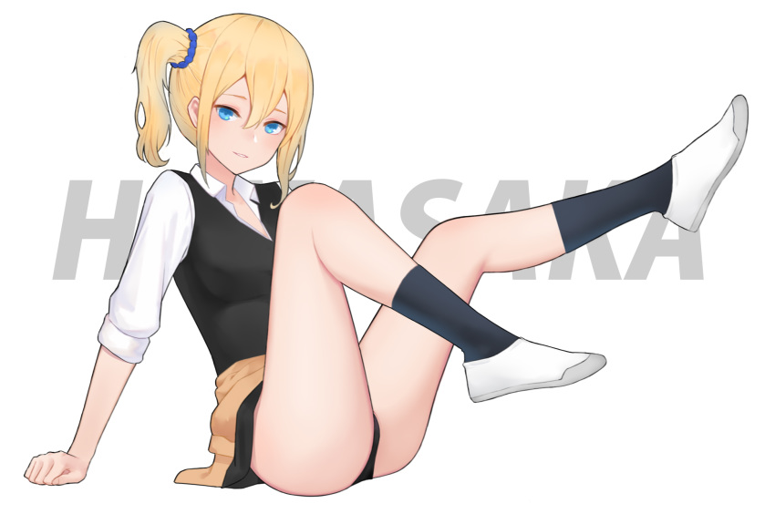 1girl ass bangs black_legwear black_panties blonde_hair blue_eyes blush breasts character_name collared_shirt commentary_request hair_between_eyes hair_ornament hair_scrunchie hayasaka_ai highres kaguya-sama_wa_kokurasetai_~tensai-tachi_no_renai_zunousen~ large_breasts liangfen232 long_sleeves looking_at_viewer medium_hair panties school_uniform scrunchie shirt side_ponytail sidelocks simple_background socks solo underwear white_background white_shirt