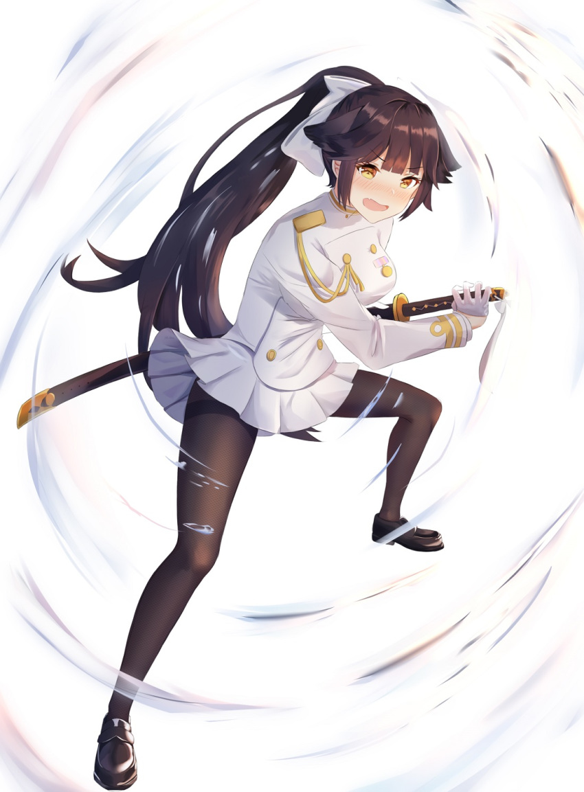 1girl azur_lane black_footwear black_legwear blush bow brown_hair floating_hair full_body hair_bow highres holding holding_sheath jacket long_hair long_sleeves military military_jacket military_uniform mobu_(wddtfy61) open_mouth pantyhose pleated_skirt sheath shiny shiny_hair skirt solo stance standing takao_(azur_lane) uniform v-shaped_eyebrows very_long_hair wavy_mouth white_bow white_jacket white_skirt yellow_eyes