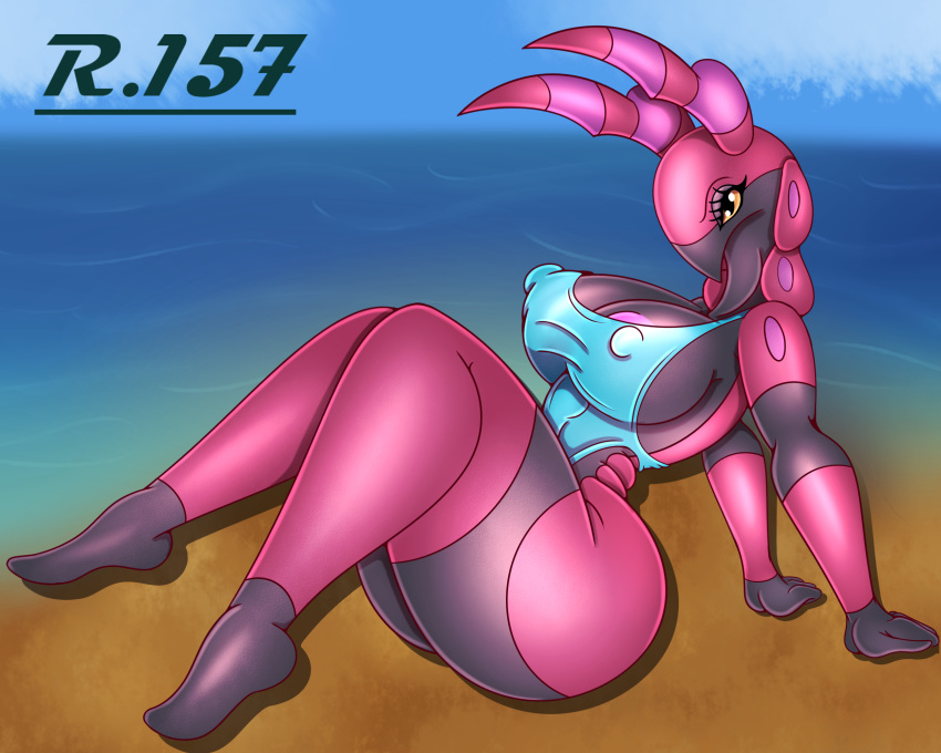 5:4 anthro areola areola_slip beach big_breasts breasts clothing female hi_res nintendo nipple_outline one-piece_swimsuit pok&eacute;mon pok&eacute;mon_(species) renegade-157 scolipede seaside sitting solo swimwear thick_thighs video_games
