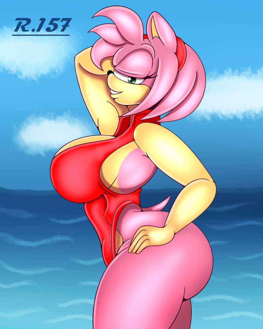 4:5 absurd_res amy_rose anthro bedroom_eyes big_breasts breasts clothing eulipotyphlan female hand_on_hip hedgehog hi_res looking_at_viewer mammal narrowed_eyes one-piece_swimsuit renegade-157 seductive solo sonic_the_hedgehog_(series) swimwear water