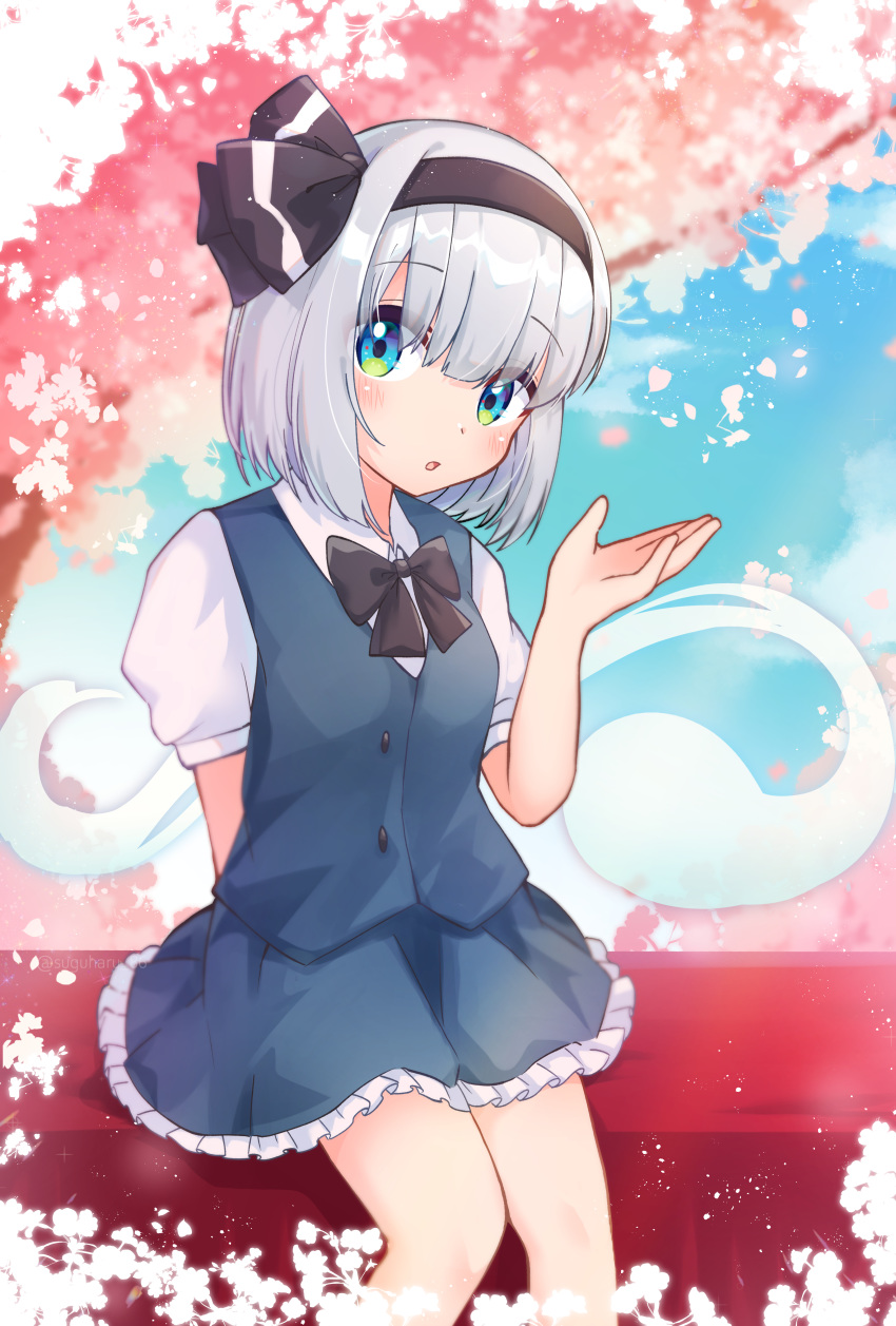 1girl absurdres bangs black_hairband black_ribbon blue_eyes blunt_bangs blush bob_cut cherry_blossoms cloud collared_shirt eyebrows_visible_through_hair green_skirt green_vest hair_ribbon hairband hand_up highres hitodama konpaku_youmu konpaku_youmu_(ghost) looking_at_viewer petals puffy_short_sleeves puffy_sleeves ribbon shirt short_hair short_sleeves silver_hair sitting skirt sky suguharu86 touhou vest