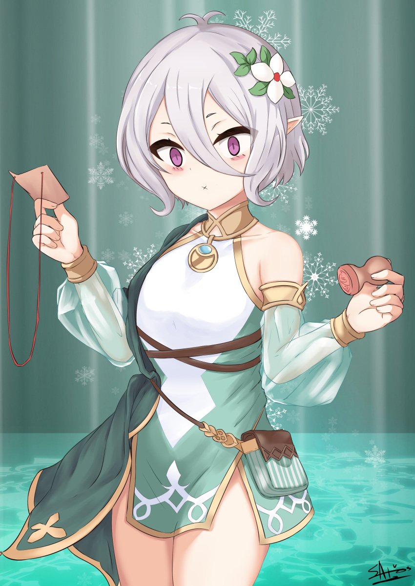 1girl :x absurdres antenna_hair bangs closed_mouth collarbone detached_sleeves dress flower green_sleeves grey_hair hair_between_eyes hair_flower hair_ornament highres holding ichikawayan kokkoro_(princess_connect!) long_sleeves looking_at_viewer pointy_ears princess_connect! princess_connect!_re:dive puffy_long_sleeves puffy_sleeves purple_eyes see-through see-through_sleeves signature sleeveless sleeveless_dress snowflakes solo standing v-shaped_eyebrows white_dress white_flower