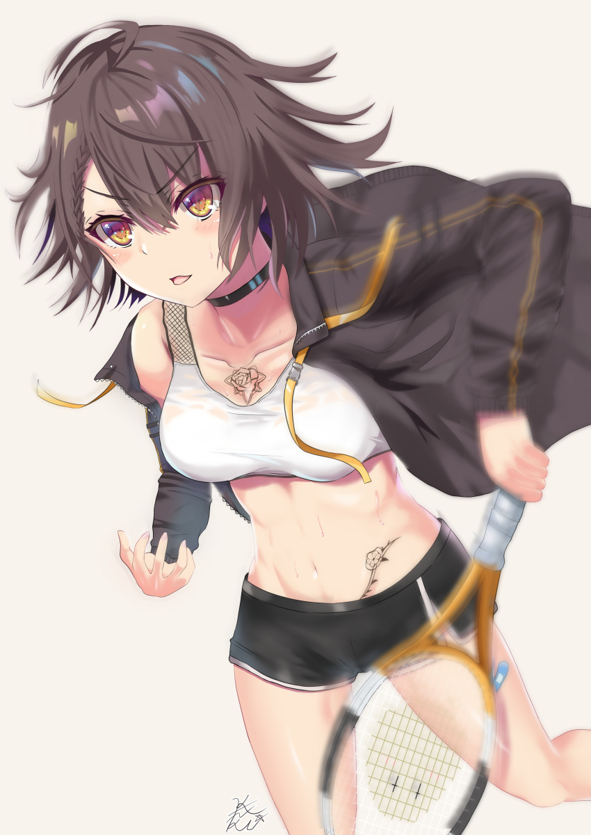 1girl absurdres ahoge azur_lane baltimore_(azur_lane) baltimore_(black_ace)_(azur_lane) bandaid_on_leg bangs bare_legs bare_shoulders black_choker black_jacket black_shorts blush braid breasts brown_hair chest_tattoo choker cleavage collarbone commentary cowboy_shot eyebrows_visible_through_hair flower_tattoo french_braid groin hair_between_eyes highres holding_racket jacket kaneki_yushi large_breasts long_sleeves looking_to_the_side midriff motion_blur navel off-shoulder_jacket open_clothes open_jacket open_mouth racket short_hair short_shorts shorts sidelocks signature simple_background solo sports_bra standing standing_on_one_leg stomach_tattoo sweat tattoo tennis_racket wet_bra white_background white_sports_bra yellow_eyes
