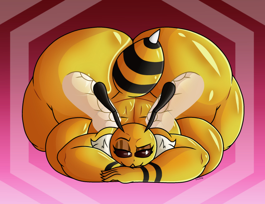 antennae_(anatomy) anthro arthropod bee big_breasts big_butt breasts butt curvy_figure eyelashes female hi_res huge_butt humanoid hymenopteran insect insect_wings kacia mammal nude simple_background smile solo thick_thighs turismoturbo voluptuous wings yellow_body