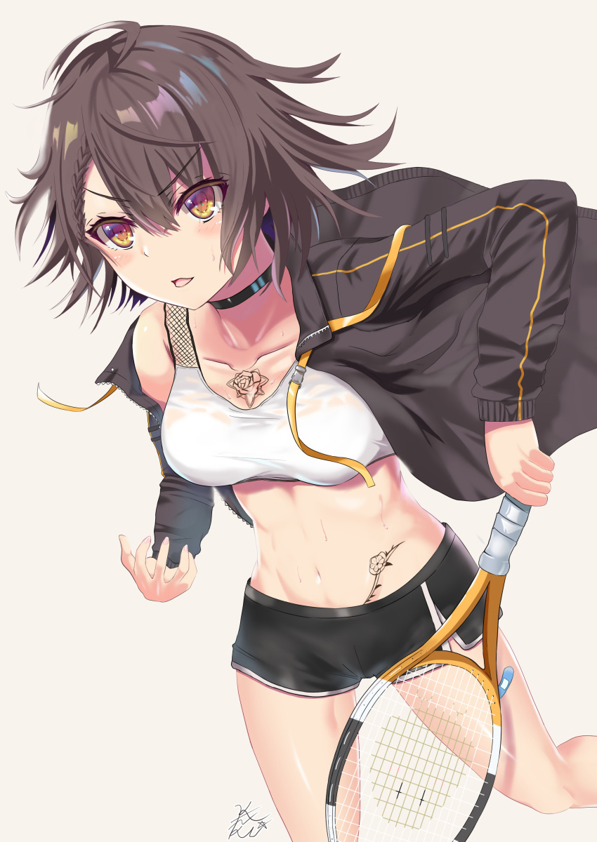 1girl absurdres ahoge azur_lane baltimore_(azur_lane) baltimore_(black_ace)_(azur_lane) bandaid_on_leg bangs bare_legs bare_shoulders black_choker black_jacket black_shorts blush braid breasts brown_hair chest_tattoo choker cleavage collarbone commentary_request cowboy_shot eyebrows_visible_through_hair flower_tattoo french_braid groin hair_between_eyes highres holding_racket jacket kaneki_yushi large_breasts long_sleeves looking_to_the_side midriff navel off-shoulder_jacket open_clothes open_jacket open_mouth racket short_hair short_shorts shorts sidelocks signature simple_background solo sports_bra standing standing_on_one_leg stomach_tattoo sweat tattoo tennis_racket wet_bra white_background white_sports_bra yellow_eyes