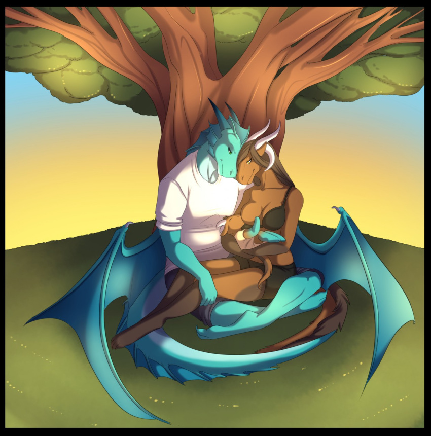 anthro bat_wings bra breastfeeding brown_body brown_hair brown_scales clothed clothing dragon female green_body green_eyes green_scales group hair hi_res horn male membrane_(anatomy) membranous_wings romantic_ambiance romantic_couple scales tree underwear wings yellow_eyes young ziggie13