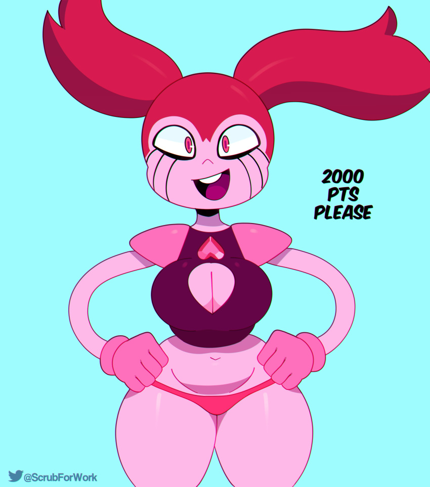 absurd_res alien alien_humanoid big_breasts blue_background breasts cartoon_network cleavage cleavage_cutout clothed clothing female gem_(species) gloves hair handwear hi_res humanoid keyhole_turtleneck looking_at_viewer navel panties red_hair simple_background solo somescrub spinel_(steven_universe) steven_universe sweater thick_thighs topwear underwear wide_hips