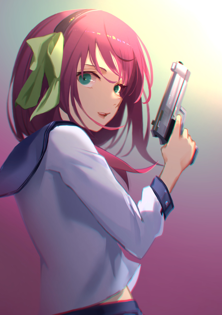 1girl absurdres angel_beats! bangs black_hairband blue_sailor_collar bow from_side gradient gradient_background green_bow green_eyes gun hair_bow hairband handgun highres holding holding_gun holding_weapon long_sleeves oekaki_taro open_mouth red_hair sailor_collar shiny shiny_hair shirt short_hair solo upper_body weapon white_shirt yuri_(angel_beats!)