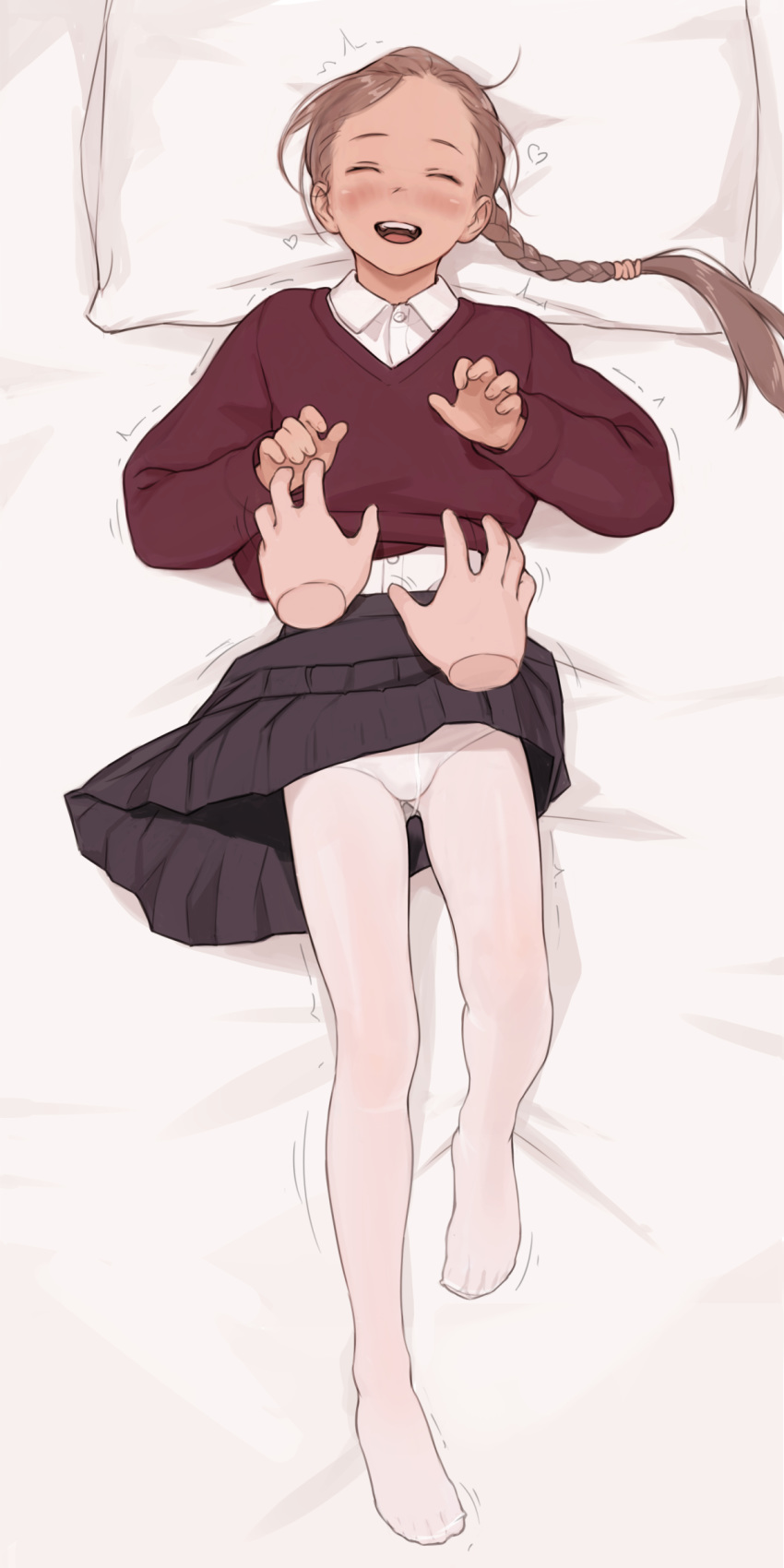 1girl absurdres blush braid brown_hair disembodied_limb highres jeff_macanoli long_hair lying on_back open_mouth panties panties_under_pantyhose pantyhose pillow shirt skirt skirt_lift solo sweater tickling underwear white_legwear white_shirt