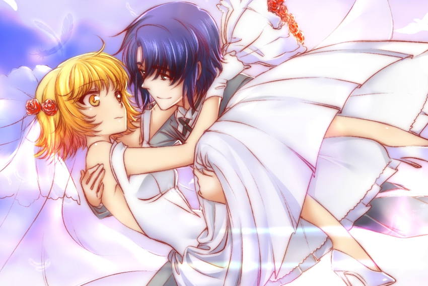 1boy 1girl athrun_zala blonde_hair blue_hair cagalli_yula_athha carrying couple dress formal gloves green_eyes gundam gundam_seed gundam_seed_destiny morihaw princess_carry suit wedding_dress white_gloves yellow_eyes