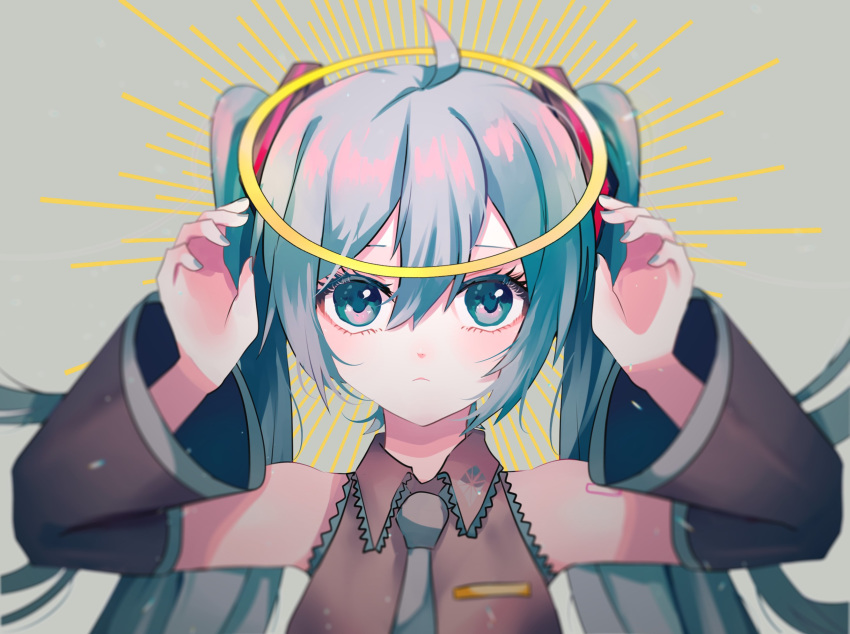 1girl aqua_eyes aqua_hair aqua_nails aqua_neckwear bare_shoulders black_sleeves blurry blurry_foreground commentary depth_of_field detached_sleeves expressionless gomiyama grey_background grey_shirt hair_ornament halo hands_up hatsune_miku highres long_hair looking_at_viewer nail_polish necktie portrait shirt shoulder_tattoo sleeveless sleeveless_shirt sunburst symbol_commentary tattoo twintails very_long_hair vocaloid