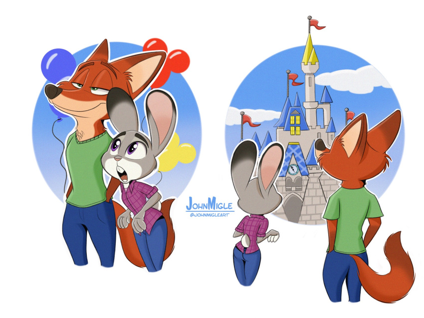 2019 4:3 anthro brown_body brown_fur buckteeth canid canine clothed clothing disney disney_parks disneyland duo fox fully_clothed fur grey_body grey_fur hi_res johnmigleart judy_hopps lagomorph leporid mammal nick_wilde open_mouth rabbit red_fox smile teeth zootopia