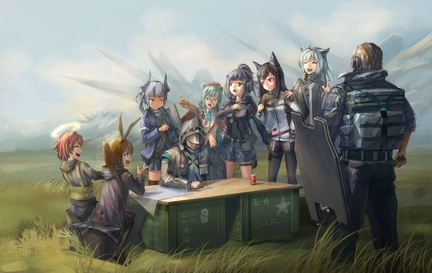 2boys 6+girls ace_(arknights) amiya_(arknights) animal_ears arknights blue_hair brown_hair chinese_commentary crate doctor_(arknights) exusiai_(arknights) grass halo highres istina_(arknights) jessica_(arknights) lappland_(arknights) liskarm_(arknights) monocle multiple_boys multiple_girls outdoors red_hair shield short_hair stalin_(artist) texas_(arknights) white_hair