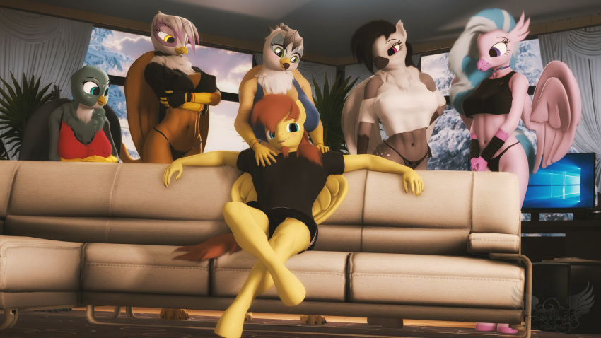 16:9 3d_(artwork) 4k absurd_res amber_eyes anthro arm_warmers armwear avian bedroom_eyes blue_eyes breasts cleavage clothed clothing computer crossed_arms crossed_legs digital_media_(artwork) equid equine european_mythology fan_character fingerless_gloves friendship_is_magic furniture gabby_(mlp) gilda_(mlp) ginger_feathershy glace_plume gloves greek_mythology green_eyes group gryphon hands_on_shoulder handwear hi_res hippogriff lidded_eyes looking_at_viewer lucky_bastard mammal meme microsoft my_little_pony mythological_avian mythology narrowed_eyes piper_perri_surrounded plant plantigrade pterippus purple_eyes rory_kenneigh seductive shirt silverstream_(mlp) skyleesfm sofa source_filmmaker t-shirt thong topwear underwear widescreen window windows_10 wings