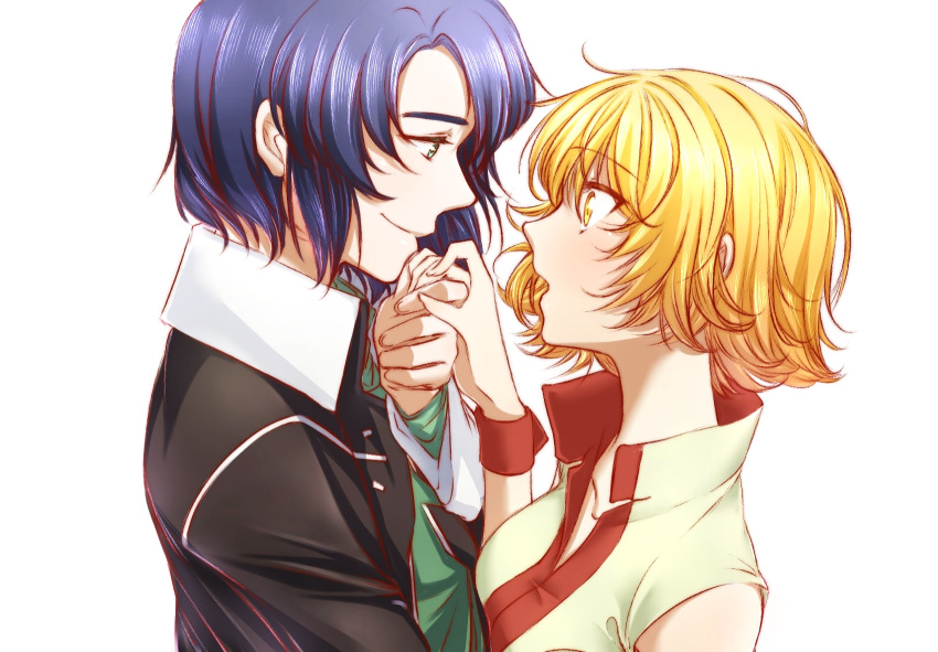 1boy 1girl athrun_zala blonde_hair blue_hair blush cagalli_yula_athha couple green_eyes gundam gundam_seed gundam_seed_destiny highres holding_hands morihaw red_wristband smile yellow_eyes