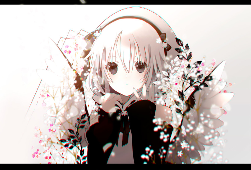1girl bangs beret black_ribbon black_sleeves blush closed_mouth commentary_request detached_sleeves eyebrows_visible_through_hair grey_eyes hair_between_eyes hands_up hat letterboxed long_sleeves neck_ribbon original personification ribbon shirt solo upper_body white_hair white_headwear white_shirt yuzuyomogi