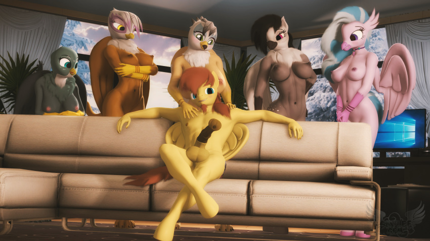 16:9 3d_(artwork) 4k absurd_res amber_eyes animal_genitalia animal_penis anthro anthrofied areola avian balls bedroom_eyes blue_eyes breasts clothing computer crossed_arms crossed_legs digital_media_(artwork) equine_penis erection european_mythology fan_character female friendship_is_magic furniture gabby_(mlp) genitals gilda_(mlp) ginger_feathershy glace_plume greek_mythology green_eyes group gryphon hands_on_shoulder hi_res hippogriff lidded_eyes looking_at_viewer lucky_bastard male medial_ring meme microsoft my_little_pony mythological_avian mythology narrowed_eyes nipples nude penis piper_perri_surrounded plant plantigrade purple_eyes rory_kenneigh seductive shirt silverstream_(mlp) skyleesfm sofa source_filmmaker t-shirt topwear underwear widescreen window windows_10