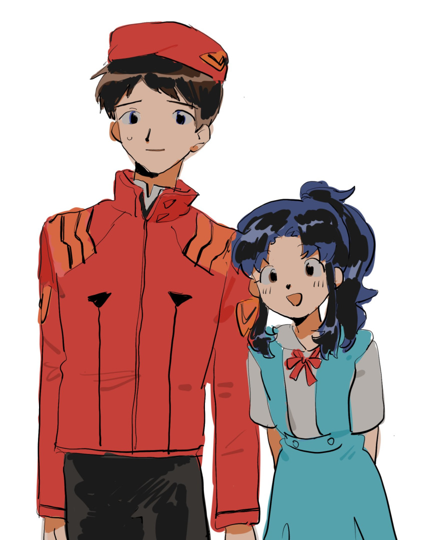 1boy 1girl age_switch beret blue_eyes blue_hair bow brown_eyes brown_hair dress hat highres ikari_shinji jacket katsuragi_misato neon_genesis_evangelion older oyama_(mirumiru) pinafore_dress ponytail red_bow red_jacket red_neckwear school_uniform short_sleeves simple_background smile white_background younger