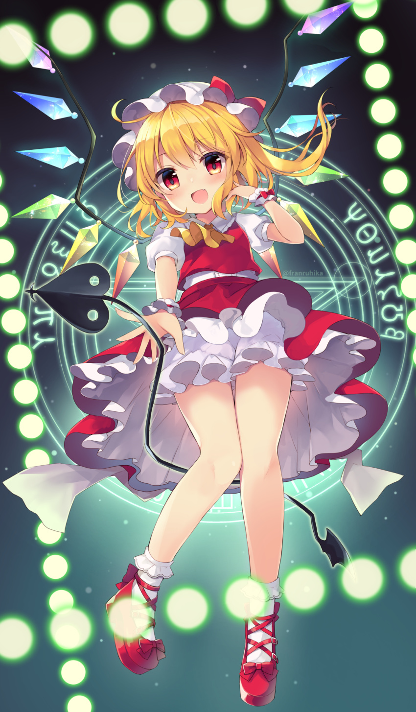 1girl :d absurdres ascot bangs commentary_request crystal eyebrows_visible_through_hair fang flandre_scarlet full_body hand_up hat highres laevatein legs looking_at_viewer mob_cap open_mouth puffy_short_sleeves puffy_sleeves red_eyes red_footwear red_skirt ruhika shoes short_hair short_sleeves side_ponytail skirt smile socks solo touhou white_headwear wings wrist_cuffs yellow_neckwear
