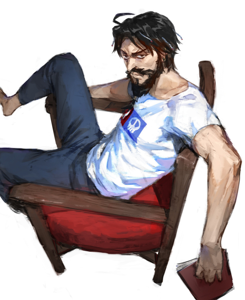 1boy absurdres armchair barefoot beard black_hair blue_pants book chair edward_teach_(fate/grand_order) facial_hair fate/grand_order fate_(series) from_side highres holding holding_book looking_at_viewer male_focus mustache pants shirt short_sleeves solo treeware white_shirt