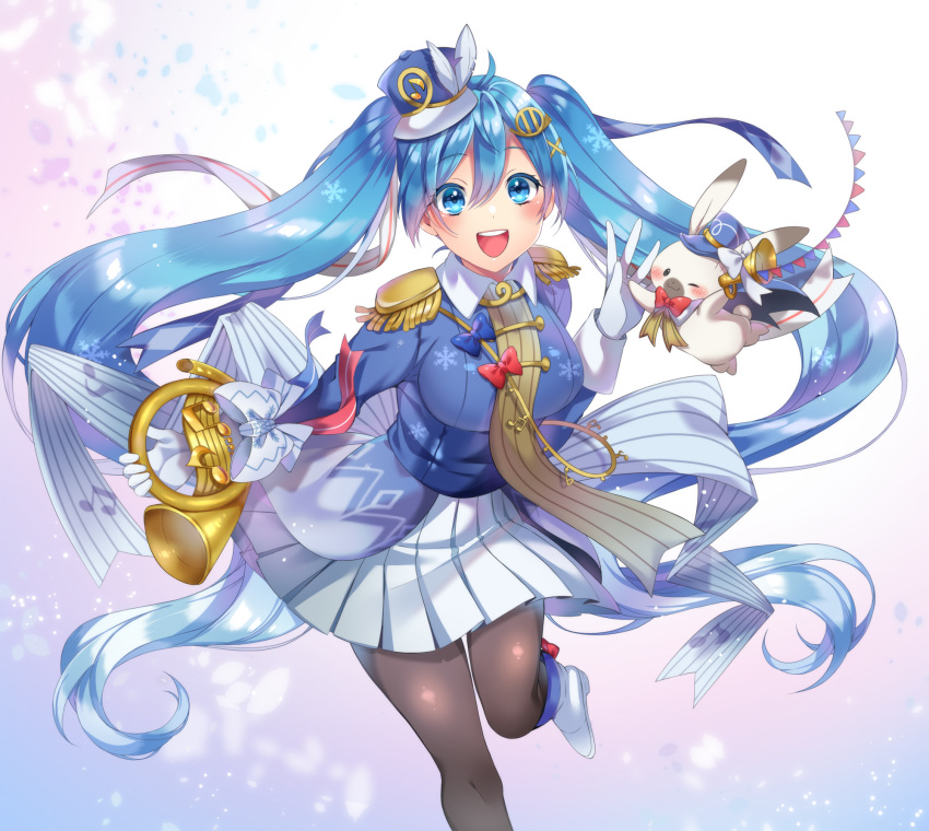 1girl band_uniform beamed_eighth_notes black_legwear blue_eyes blue_hair blue_headwear blue_jacket blush bow bowtie bunny commentary eighth_note epaulettes eryu_kamemura french_horn gloves hair_ornament hair_ribbon hairclip hand_up hat hat_feather hatsune_miku high_five highres holding holding_instrument instrument jacket leg_up long_hair looking_at_viewer mini_shako_cap miniskirt musical_note musical_note_print open_mouth pantyhose pleated_skirt rabbit_yukine ribbon shako_cap skirt smile snowflake_print standing string_of_flags twintails very_long_hair vocaloid white_bow white_footwear white_gloves white_skirt yuki_miku yuki_miku_(2020)