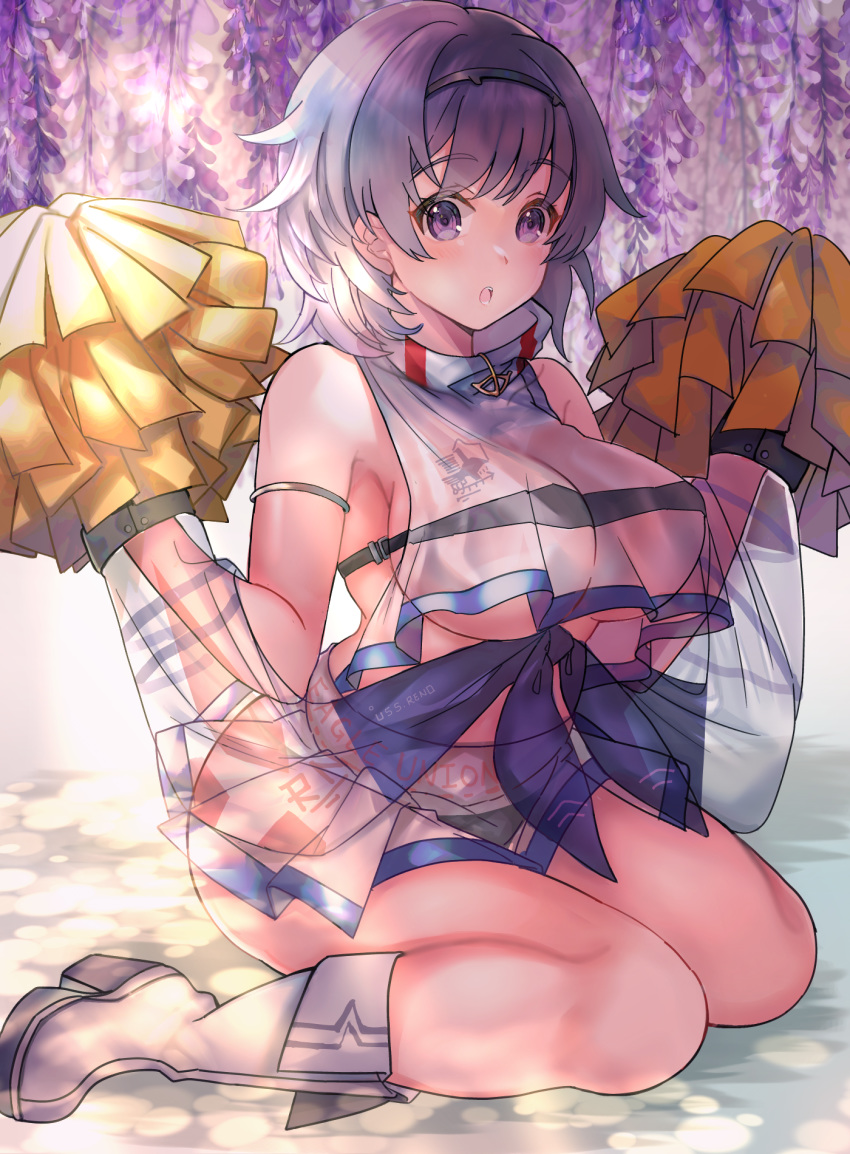 1girl azur_lane black_hairband blue_collar breasts cheerleader collar commentary_request eagle_union_(emblem)_(azur_lane) eyebrows_visible_through_hair from_side hairband highres holding_pom_poms large_breasts looking_at_viewer open_mouth parted_hair pom_poms reno_(azur_lane) reno_(biggest_little_cheerleader)_(azur_lane) see-through_skirt sheer_clothes shibaebi_(yasaip_game) short_hair sitting skirt solo two-tone_skirt