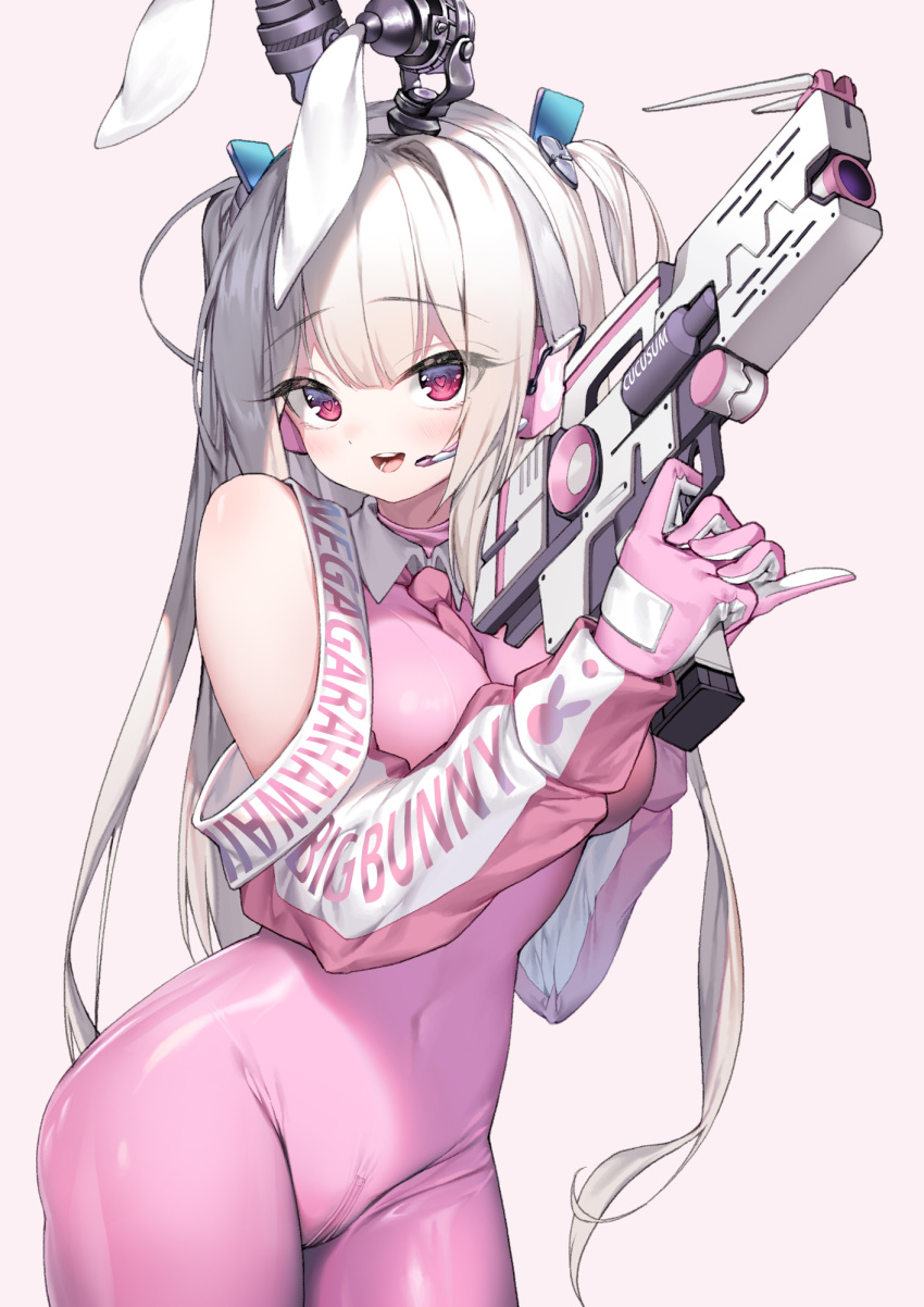 1girl :d animal_ears bare_shoulders blush bodysuit breasts brown_background bunny_ears covered_navel detached_sleeves english_text finger_on_trigger gloves grey_hair gun hair_intakes hands_up headgear headset heart heart-shaped_pupils highres holding holding_gun holding_weapon lee_seok_ho long_hair long_sleeves looking_at_viewer open_mouth original pink_bodysuit pink_gloves puffy_long_sleeves puffy_sleeves red_eyes sash simple_background small_breasts smile solo symbol-shaped_pupils two-handed two_side_up upper_teeth very_long_hair weapon zipper