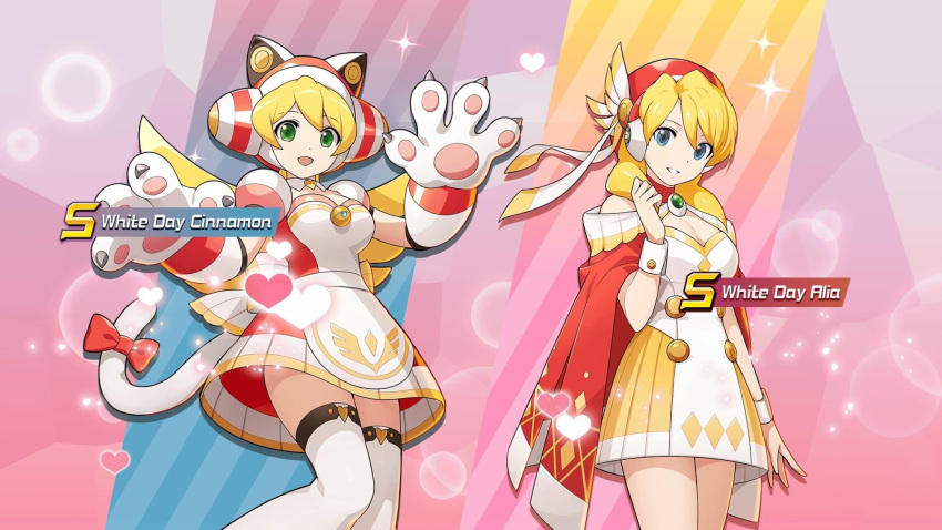 2girls alia_(rockman) android animal_ears blonde_hair blue_eyes breasts capcom cat_ears cat_girl character_name cinnamon cleavage dress green_eyes heart highres long_hair mizuno_keisuke multiple_girls official_art red_headwear robot_ears rockman rockman_x rockman_x_dive short_dress smile thighhighs white_day zettai_ryouiki