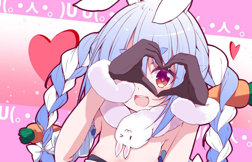 1girl animal_ear_fluff animal_ears arm_cuffs black_gloves breasts bunny_ears carrot_hair_ornament commentary drill_hair emoji eyebrows_visible_through_hair food_themed_hair_ornament fur-trimmed_gloves fur_scarf fur_trim gloves hair_between_eyes hair_ornament heart heart_hands highres hololive light_blue_hair long_hair looking_at_viewer multicolored_hair nanaume_(shichimi_tougarashi) one_eye_covered open_mouth pink_background red_eyes small_breasts smile solo symbol-shaped_pupils thick_eyebrows twin_drills twintails two-tone_hair upper_body usada_pekora virtual_youtuber white_hair