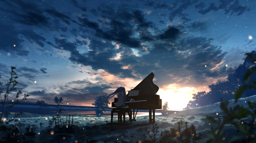 1girl adsuger backlighting black_skirt blue_hair blurry bridge cloud cloudy_sky commentary_request depth_of_field facing_away floating_hair forest grass grey_shirt hatsune_miku highres horizon instrument landscape leaf light_particles light_rays long_hair music nature outdoors piano piano_bench plant playing_instrument rock shadow sheet_music shirt sitting skirt sky solo star_(sky) starry_sky sun sunlight sunset tree twintails vocaloid wide_shot